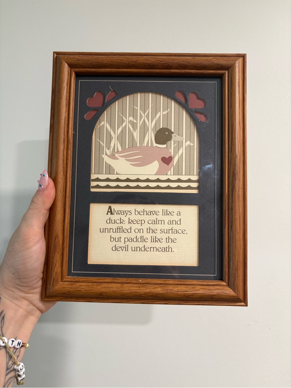 Framed Duck Wall Art with Heart Accent - Brown Frame, Pink Duck